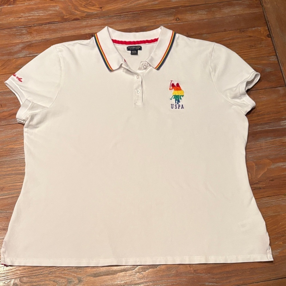 U.S. Polo Assn. Women’s Polo White with Rainbow Logo & Collar Trim